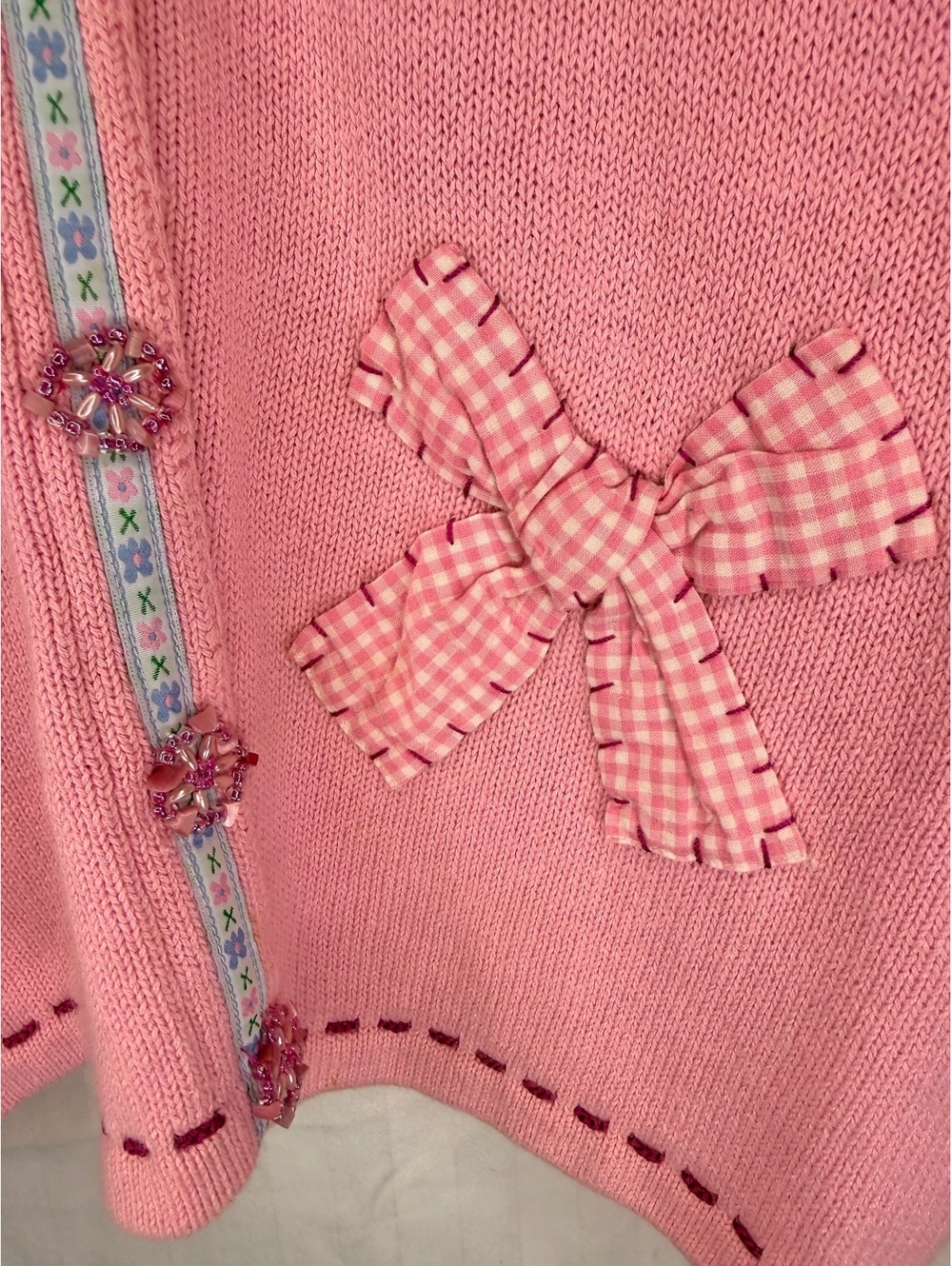 1990s Storybook Knits Pink Bow Cardigan Sweater - Picture 4 of 10
